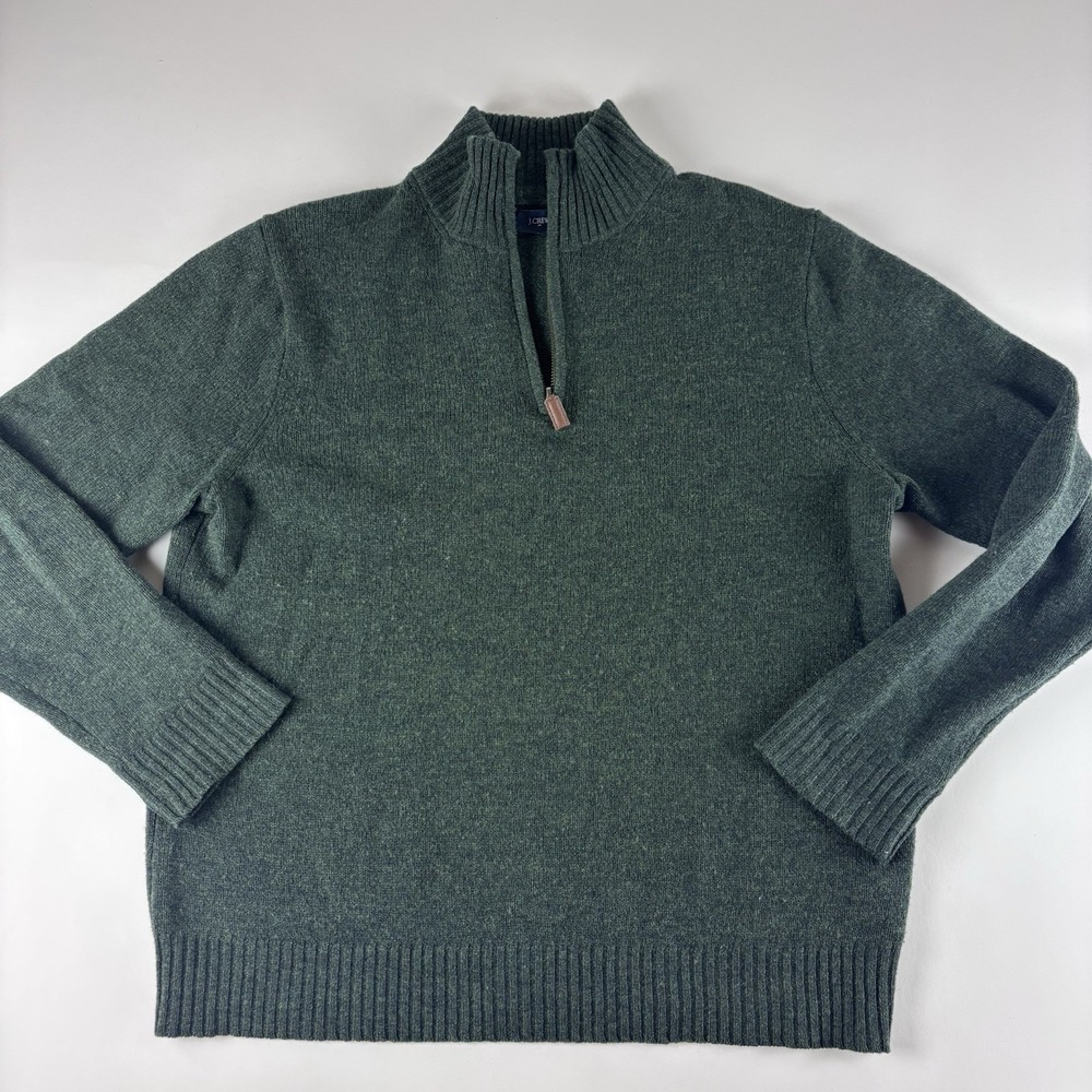 J.Crew Men's L Gray 100% Lambs Wool Quarter Zip Sweater Mock Neck Pullover Green